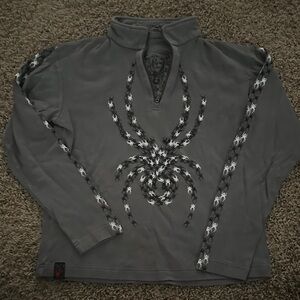 Spyder Charcoal Kids Quarter-Zip Baselayer with Black and White Spyder Pattern